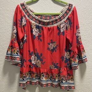 Flying Tomato Red Floral Off-Shoulder Peasant Blouse